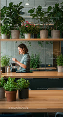Woman Brewing Coffee Surrounded by Lush Indoor Plants