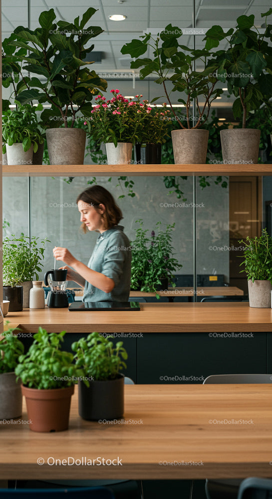 Woman Brewing Coffee Surrounded by Lush Indoor Plants