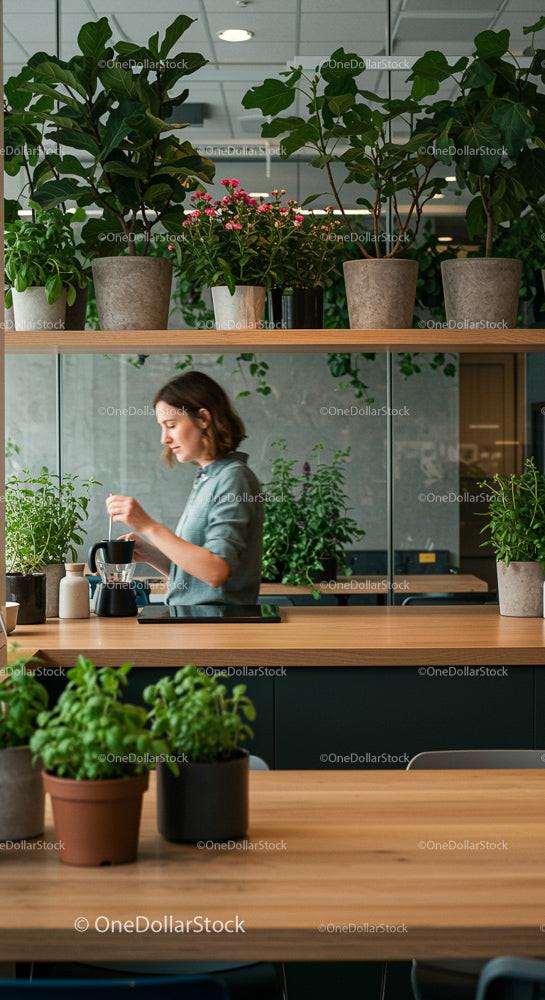 Woman Brewing Coffee Surrounded by Lush Indoor Plants