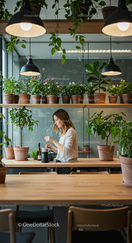 Woman Cooking Amidst Fresh Indoor Greenery in Modern Kitchen
