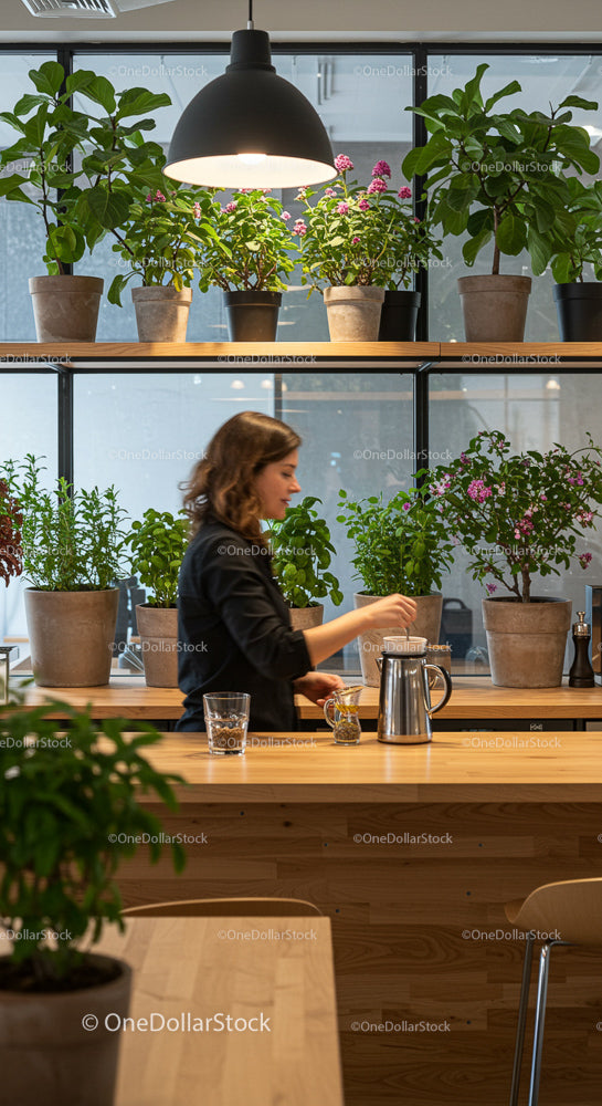 Modern Kitchen with Indoor Plants and Coffee Preparation