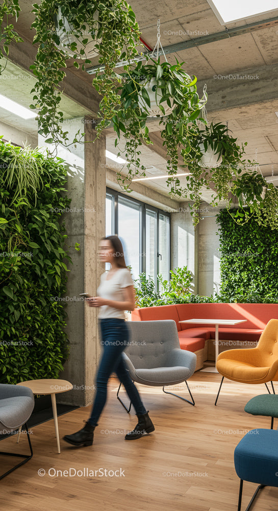 Green Office Interior with Cozy Seating and Hanging Plants
