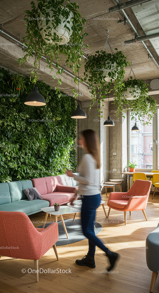 Modern Lounge with Green Wall and Vibrant Chairs