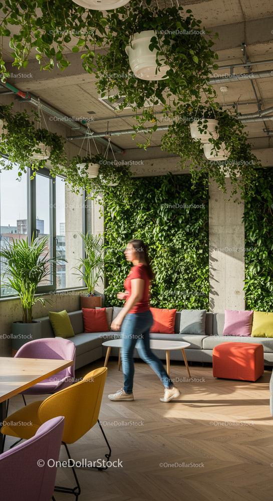 Modern Office with Greenery and Vibrant Seating