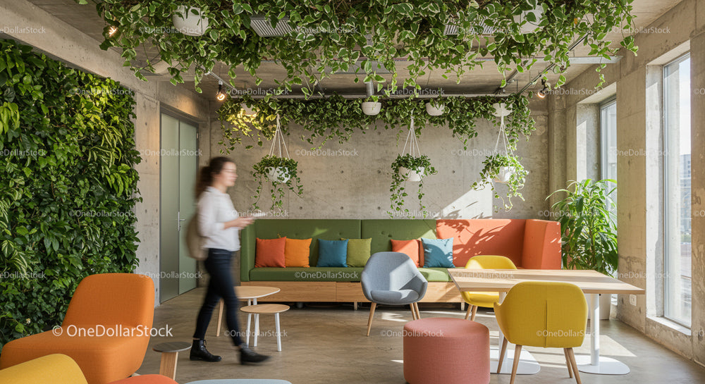 Modern Office with Green Wall and Vibrant Seating Area