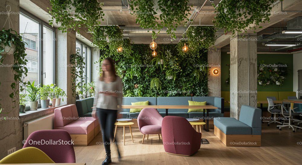 Modern Coworking Space with Lush Greenery and Vibrant Seating