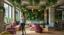 Modern Coworking Space with Lush Greenery and Vibrant Seating