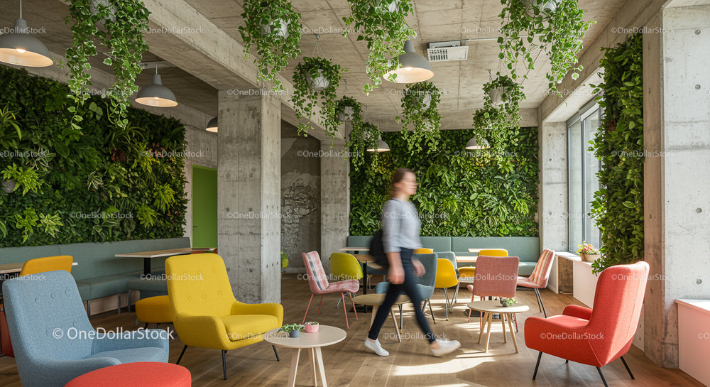 Modern Office with Biophilic Design and Colorful Seating