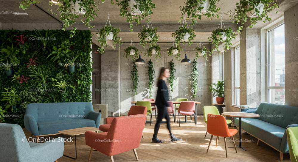 Modern Office Lounge with Green Wall and Vibrant Seating