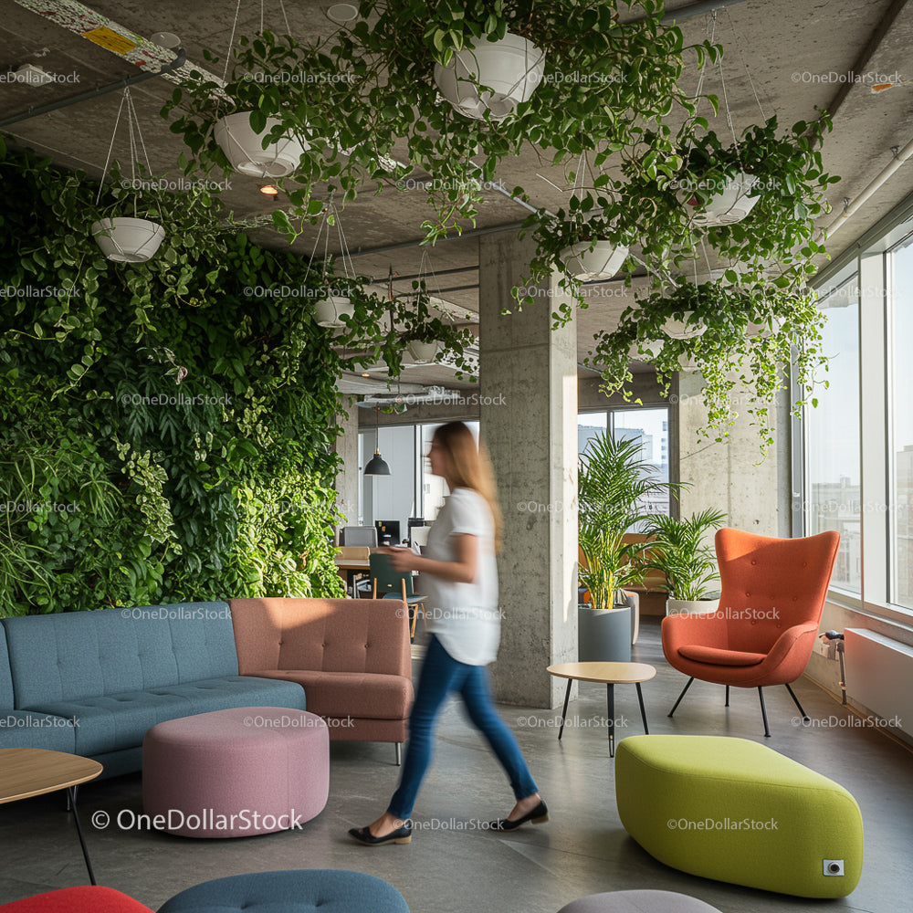 Modern Office Space with Lush Greenery and Stylish Furniture