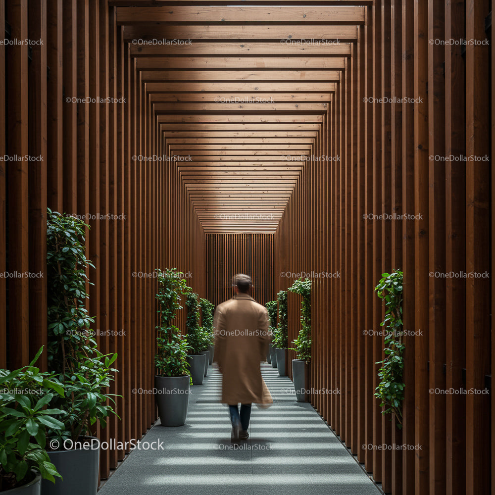 Man Walking Through Modern Wooden Corridor with Green Plants