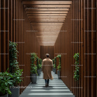 Man Walking Through Modern Wooden Corridor with Green Plants