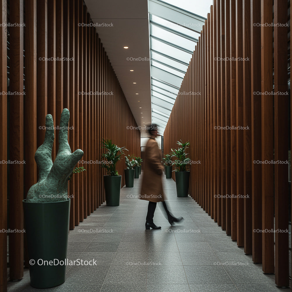 Blurred Figure in Modern Hallway with Green Plants