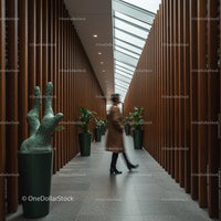 Blurred Figure in Modern Hallway with Green Plants