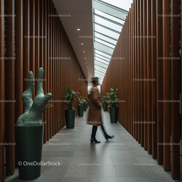 Blurred Figure in Modern Hallway with Green Plants