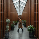 Modern Corridor with Indoor Plants and Wooden Panels