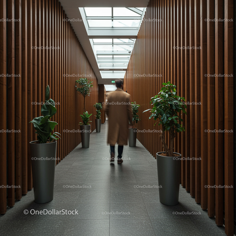 Man Walking in Modern Corridor with Indoor Plants