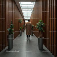 Man Walking in Modern Corridor with Indoor Plants