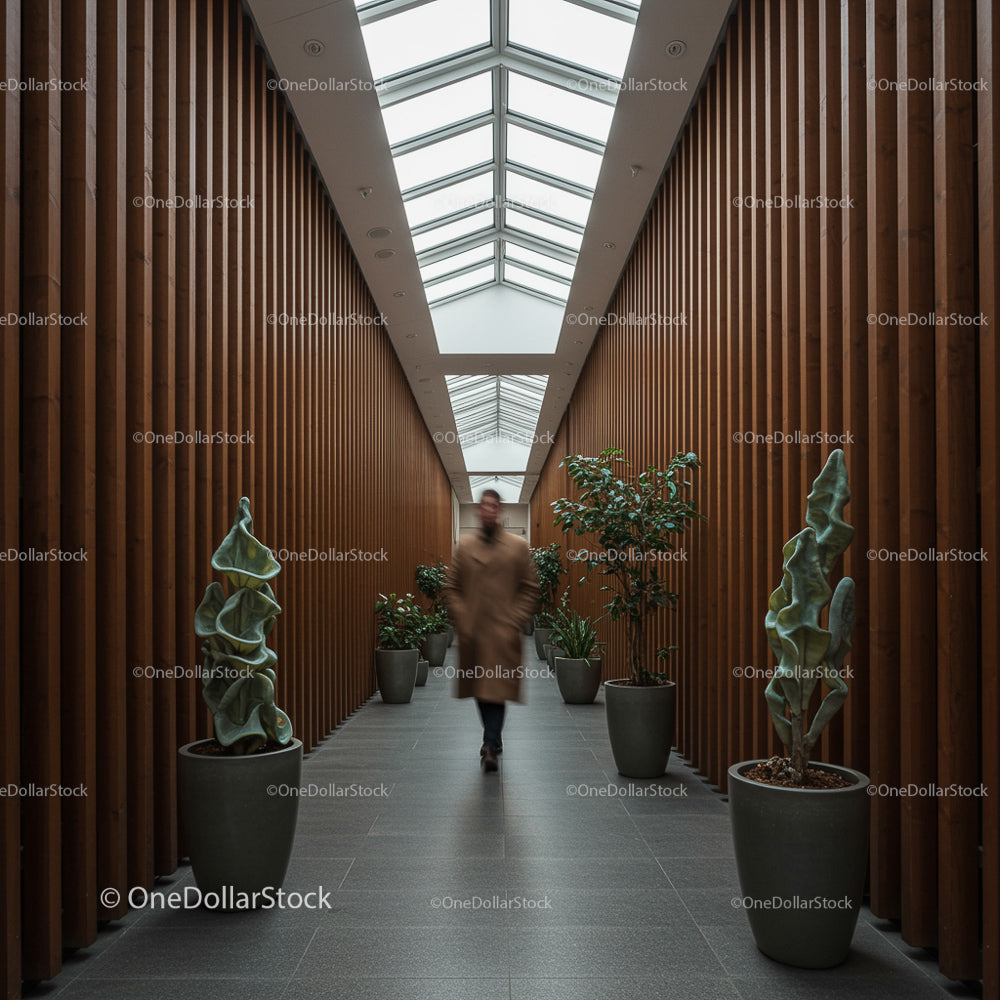Modern Corridor with Indoor Plants and Skylight