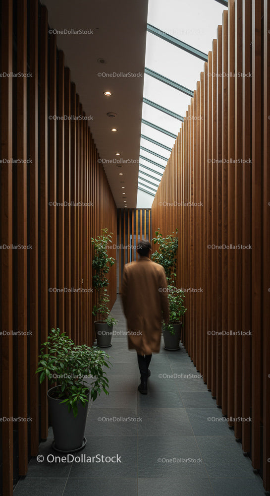 Man Walking Through Modern Corridor with Greenery
