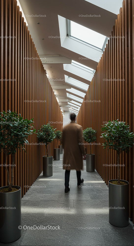 Man Walking Through Modern Skylight Corridor