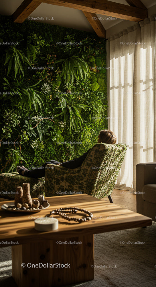 Cozy Room with Indoor Green Living Wall and Sunlit Ambiance