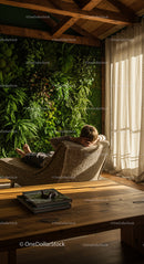 Relaxing in a Cozy Room with Vertical Plant Wall