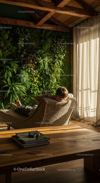 Relaxing in a Cozy Room with Vertical Plant Wall