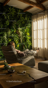 Woman Relaxing in Chair by Indoor Vertical Garden