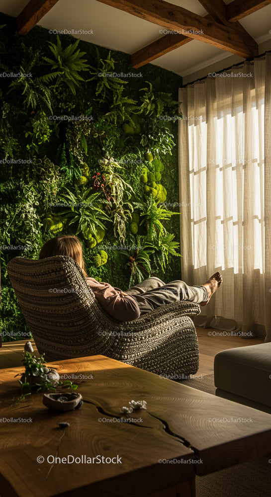 Woman Relaxing in Chair by Indoor Vertical Garden