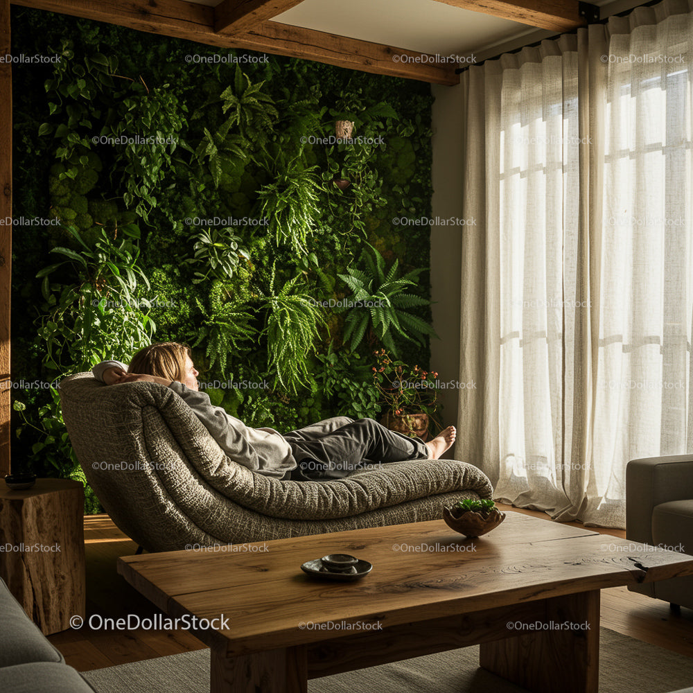 Peaceful Afternoon with Green Wall in Cozy Living Room