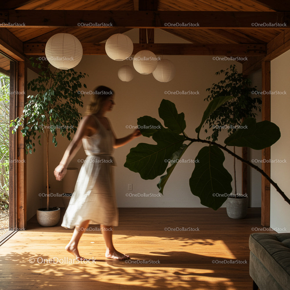 Woman in Light Dress Walking in Plant-Filled Modern Living Room