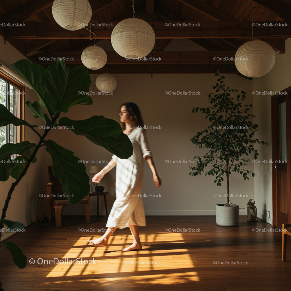 Elegant Woman Walking in Sunlit Minimalist Interior
