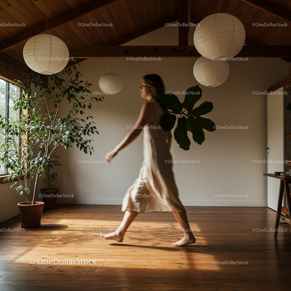 Woman Walking in Minimalist Living Room with Indoor Plants