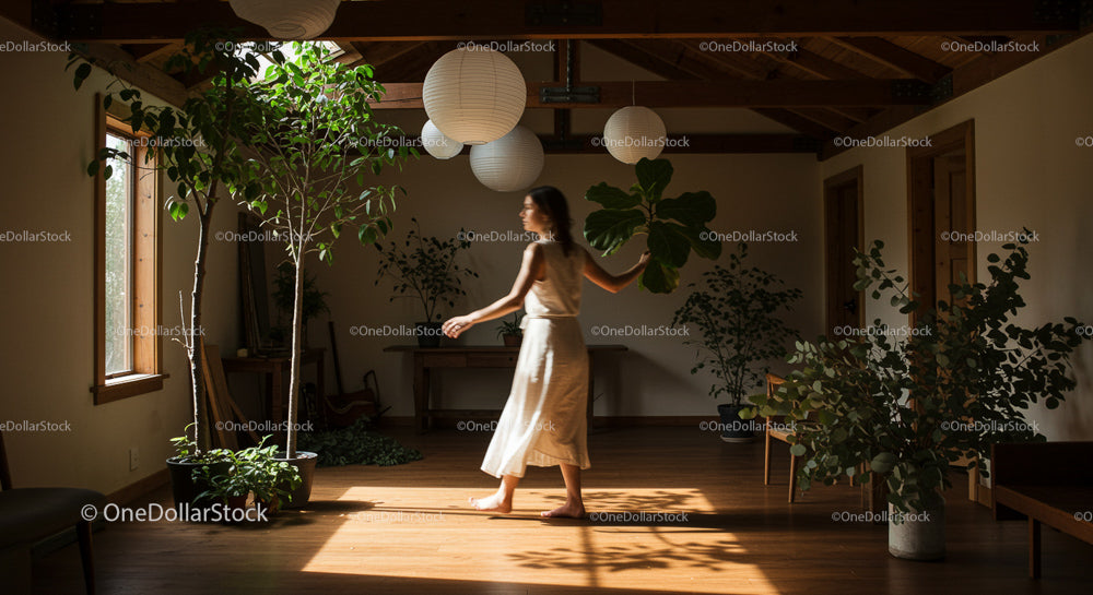 Woman Walking in Sunlit Room with Indoor Plants