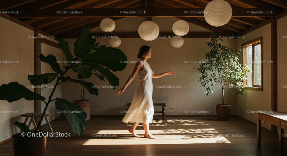 Woman in White Dress Walking in Bright Minimalist Room