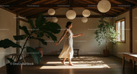 Woman in White Dress Walking in Bright Minimalist Room