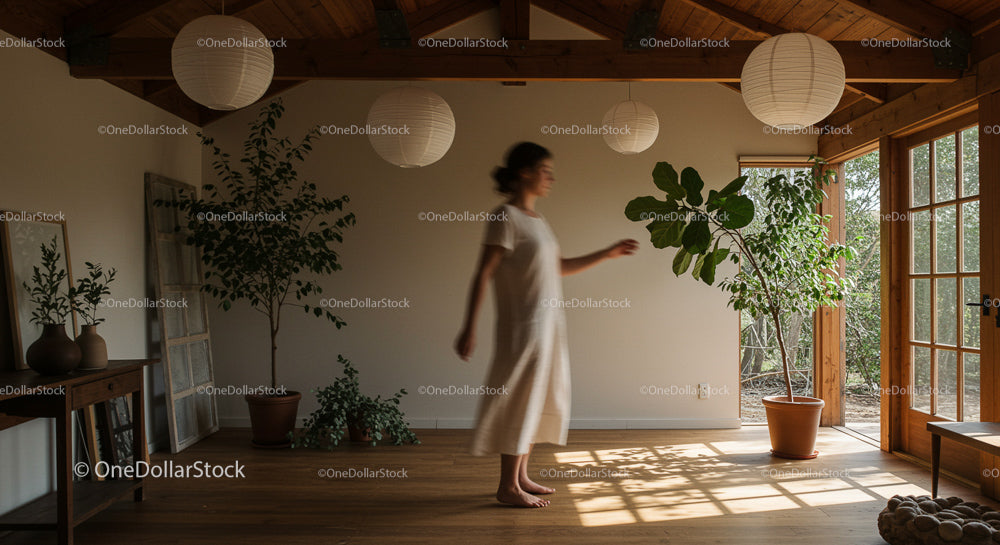 Serene Room with Wooden Accents and Potted Fiddle Leaf Fig
