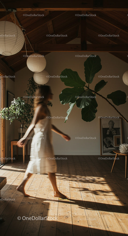 Woman Walking in Sunlit Minimalist Room with Fig Tree