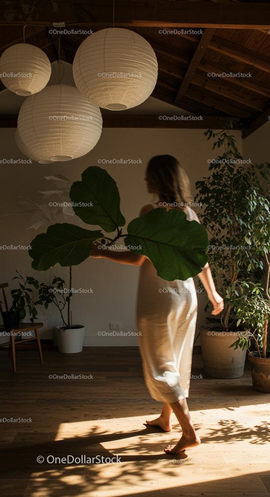 Woman Walking Amidst Indoor Plants in Sunlit Room