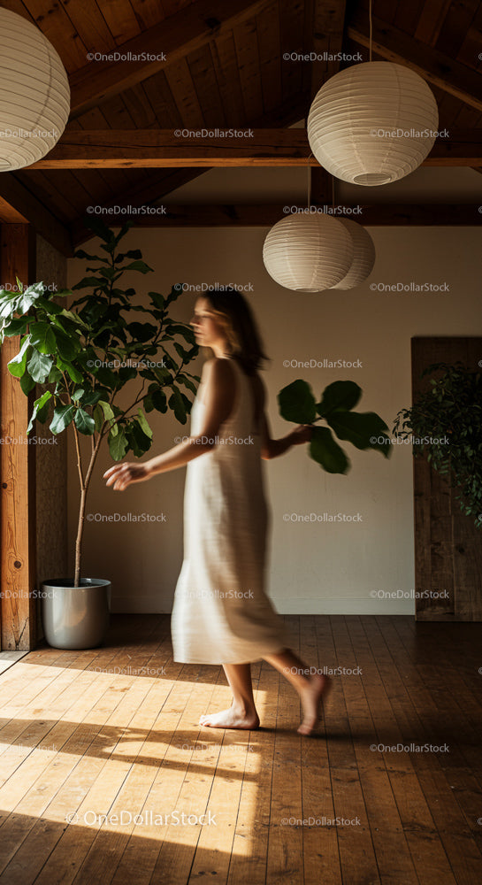 Woman Walking in Sunlit Room with Fiddle Leaf Fig