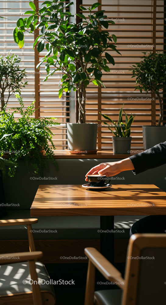 Cozy Cafe with Indoor Plants and Sunlit Ambiance