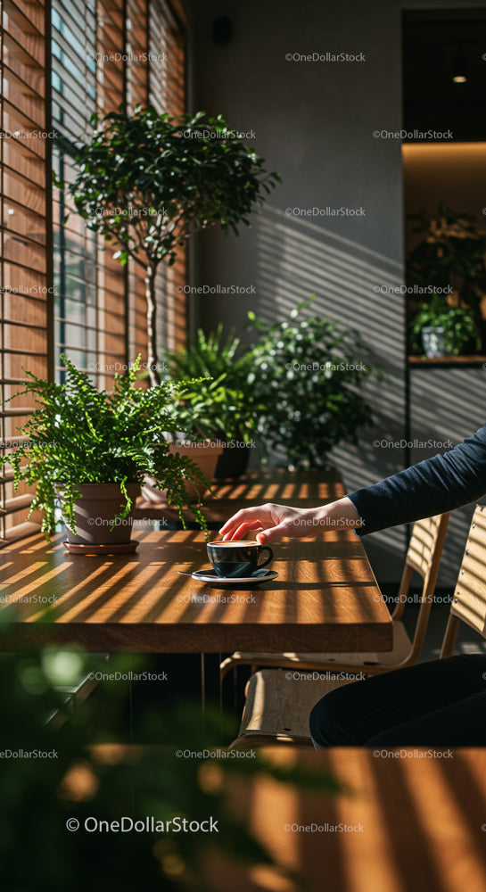 Sunlit Room with Indoor Greenery and Coffee Cup