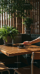 Coffee and Greenery in Sunlit Modern Cafe