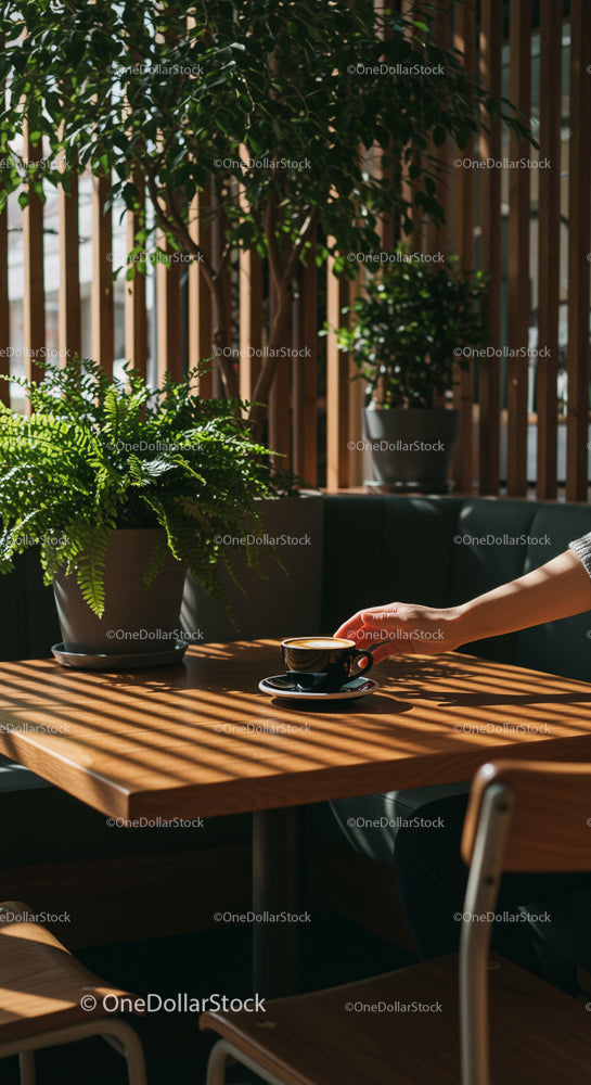 Coffee and Greenery in Sunlit Modern Cafe