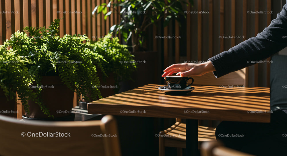 Hand Reaching for Coffee Cup in Sunlit Café with Ferns