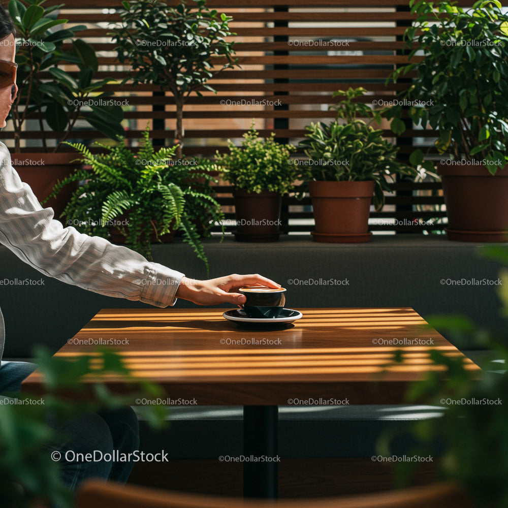 Hand Reaching for Coffee Amidst Lush Indoor Plants