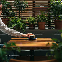 Hand Reaching for Coffee Amidst Lush Indoor Plants