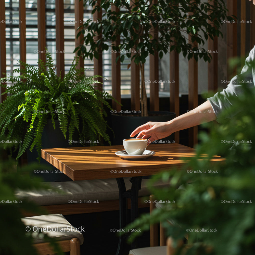 Hand Reaching for a Coffee Cup on Wooden Table Surrounded by Greenery