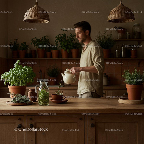 Man Tending to Kitchen Herb Garden with Basil and Rosemary